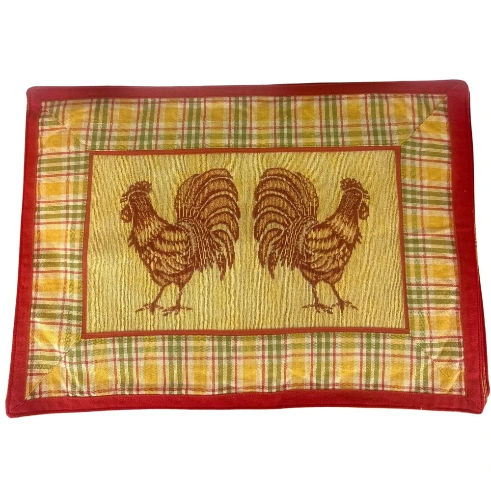 VTG Set of FOUR Red Yellow Plaid Rooster Tapestry‎ Placemats 19